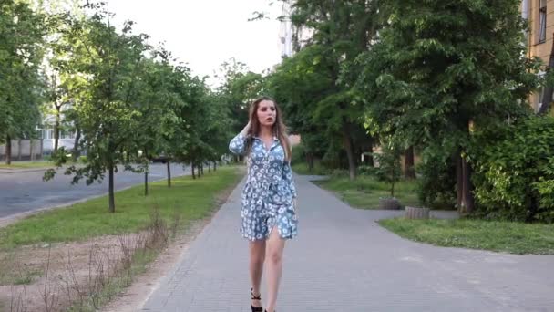 通りのカメラに向かって歩くドレスのゴージャスな女性. - 映像、動画