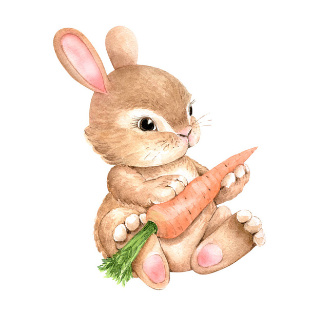 niedliches Kaninchen mit Karotte auf weißem Hintergrund, Aquarell-Illustration - Foto, Bild