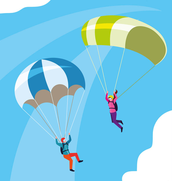 couple skydiver in air with parachute open - Vector, Image