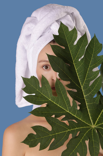Natuurlijke huid Beauty concept. Studio shot van mooie vrouw met groen blad op de blauwe achtergrond. - Foto, afbeelding