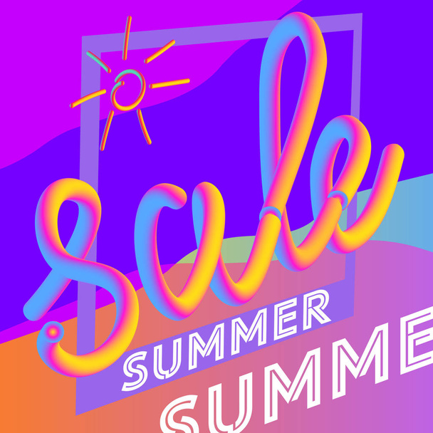 Summer sale banner template. Summer abstract colorful geometric background, memphis style. Promo badge for your seasonal design. 3D style of text. Vector illustration. - Vector, Image