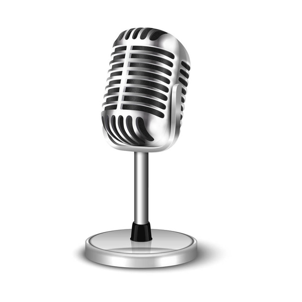 Vektör 3d Gerçekçi Çelik Retro Konser Vokal Mikrofon Stand Simge Closeup Beyaz Arka Plan izole ile. Vintage Karaoke Metal Mic Tasarım Şablonu. Ön görünüm - Vektör, Görsel