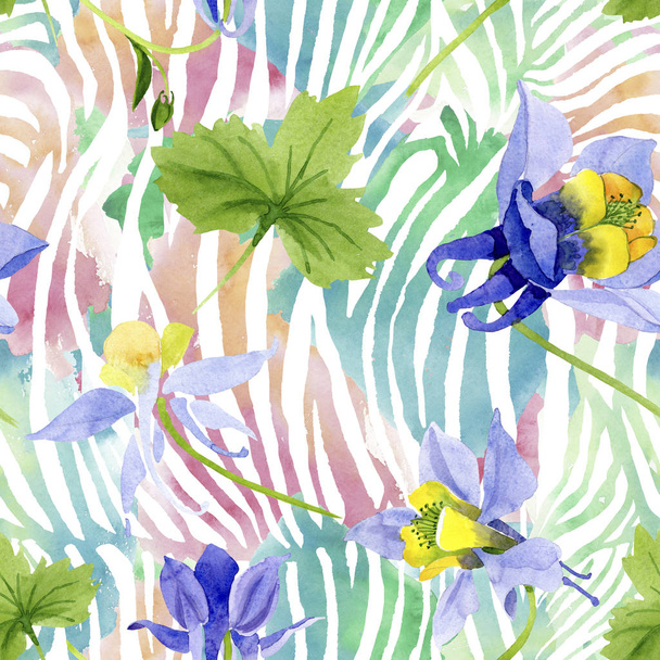 Kék, sárga Brugmansia virágos botanikai virágok. Akvarell háttér illusztráció meg. Folytonos háttérmintázat. - Fotó, kép