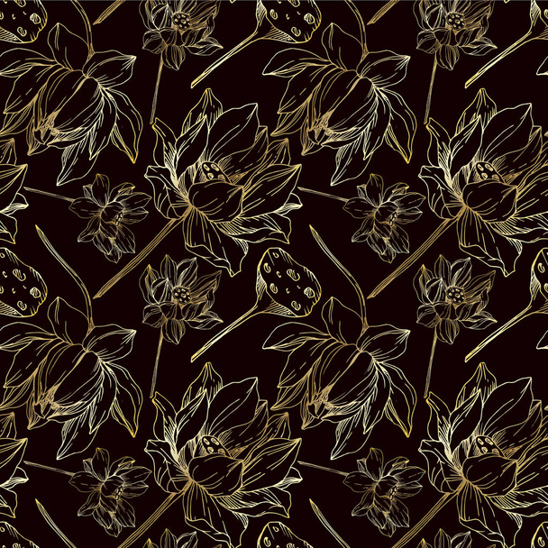 Vector Lotus floral botanical flowers. Black and white engraved ink art. Seamless background pattern. - Вектор,изображение
