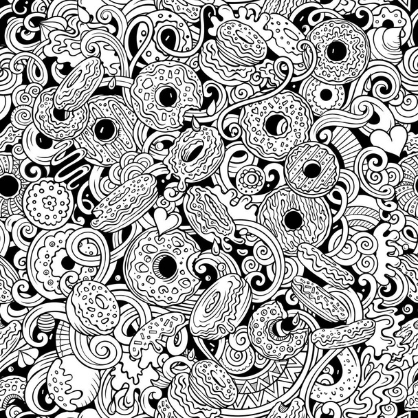 Donuts hand drawn doodles seamless pattern. Sprinkled doughnuts background - Photo, Image