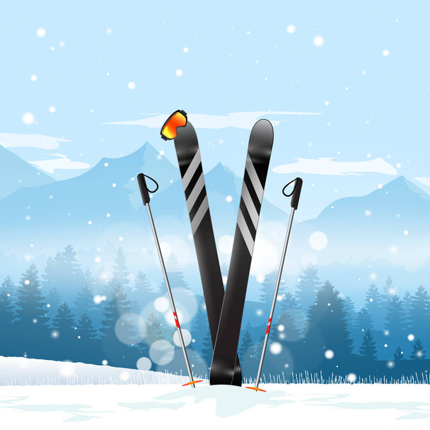Пара лыж в снегу. Горнолыжный зимний пейзаж. Векторная иллюстрация
. - Вектор,изображение