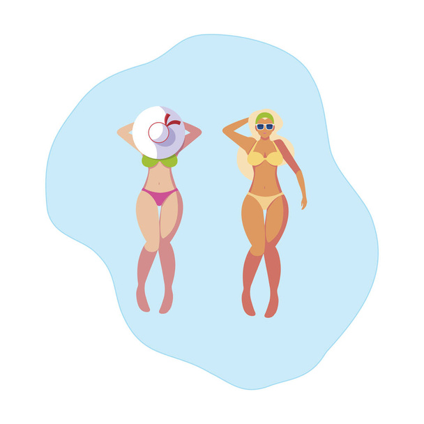 beautiful girls couple with swimsuits floating in water - Vector, Image