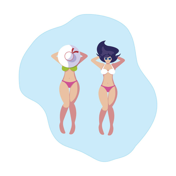 hermosas chicas pareja con trajes de baño flotando en el agua
 - Vector, imagen