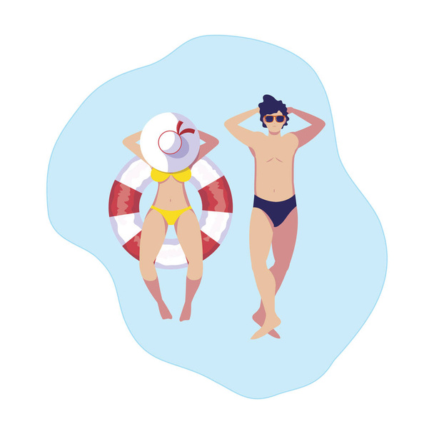 jeune couple avec maillot de bain et flotteur dans l'eau
 - Vecteur, image