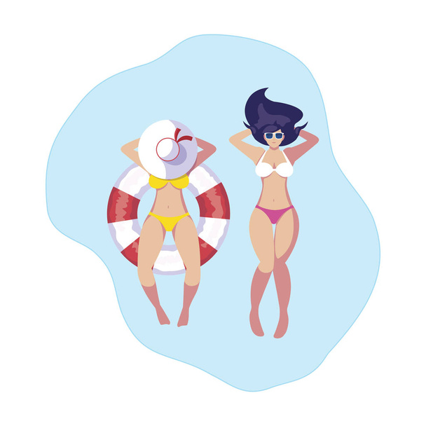 dziewczyny z strój kąpielowy i ratownik pływak w wodzie - Wektor, obraz