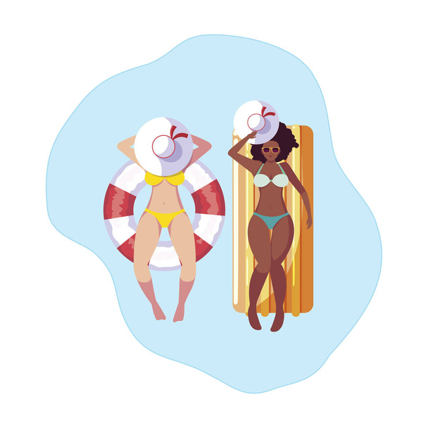 interraciale meisjes met badpak en badmeester zweven in het water - Vector, afbeelding