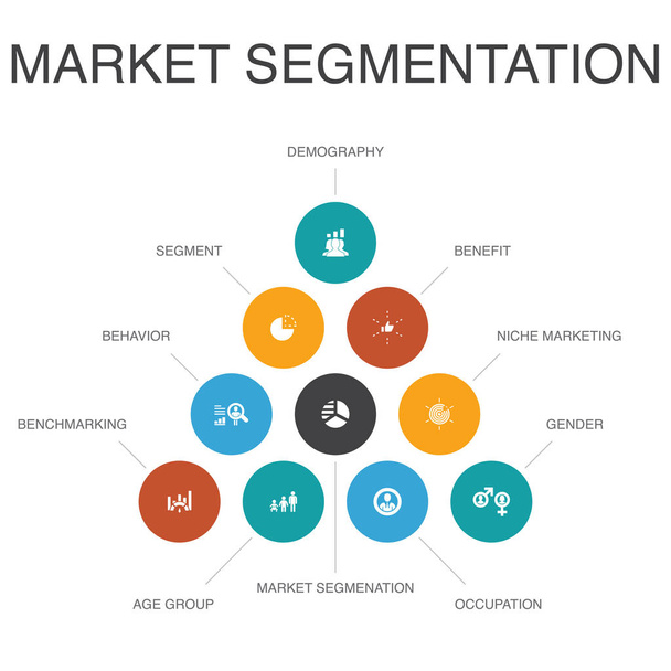 market segmentation Infografía 10 pasos concept.demography, segmento, Benchmarking, Age group icons
 - Vector, Imagen