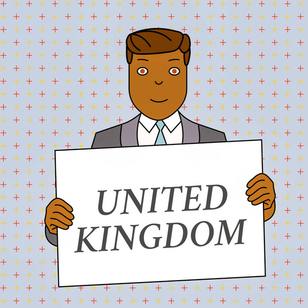 Word writing text United Kingdom. Business concept for Island country located off the northwestern coast of Europe Smiling Man Holding Formal Suit Big Blank Poster Board in Front of Himself. - Photo, Image