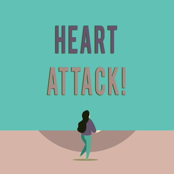 Handwriting text writing Heart Attack. Concept meaning sudden occurrence of coronary thrombosis resulting in death Lengthy hairstyle woman stand with one leg lifted in back view position. - Photo, Image