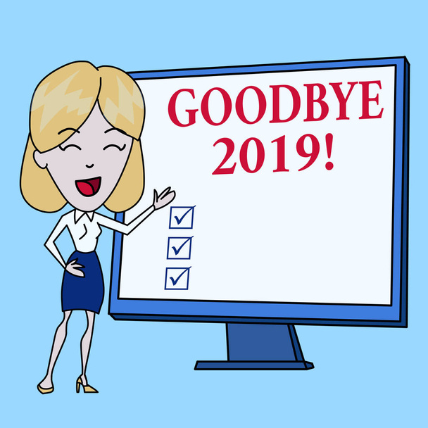 Writing note showing Goodbye 2019. Business photo showcasing express good wishes when parting or at the end of last year White Female in Standing Pointing Blank Screen Whiteboard Presentation. - Photo, Image