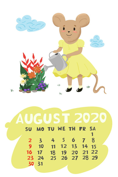 Calendar for August 2020 with a mouse watering flowers. Vector graphics. - Vector, Image