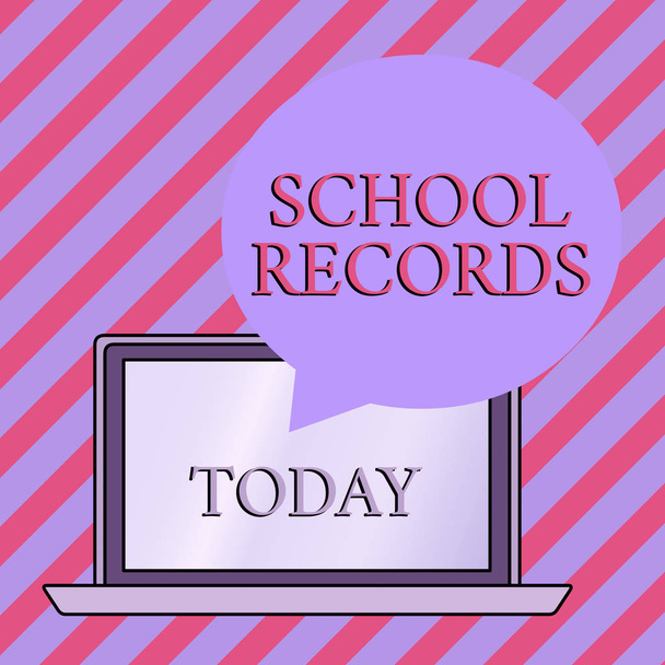 Conceptual hand writing showing School Records. Business photo showcasing Information that is kept about a child at school Biography Round Shape Speech Bubble Floating Over Laptop Backdrop. - Photo, Image