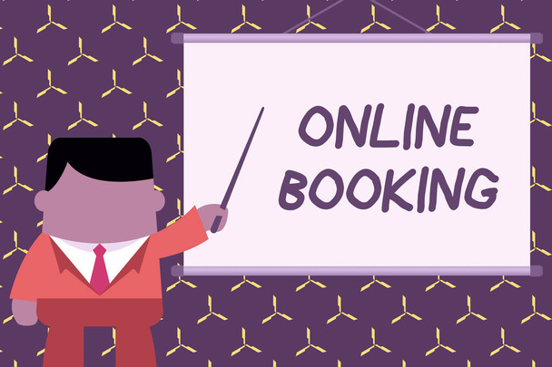 Text sign showing Online Booking. Conceptual photo Reservation through internet Hotel accommodation Plane ticket Businessman standing in front projector screen pointing project idea. - Photo, Image