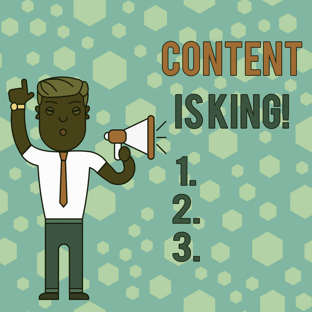 Word writing text Content Is King. Business concept for marketing focused growing visibility non paid search results Man Standing with Raised Right Index Finger and Speaking into Megaphone. - Photo, Image