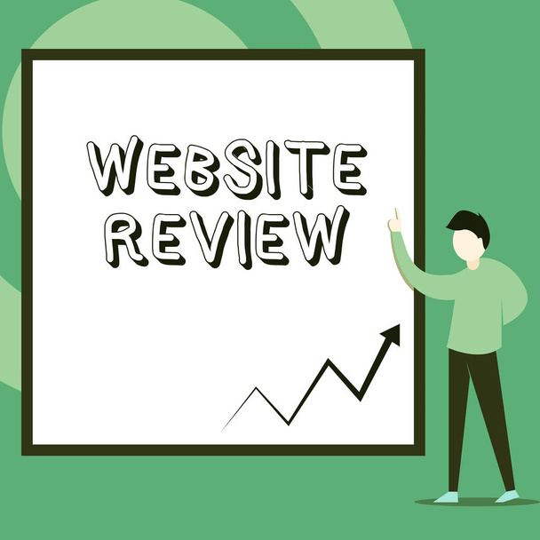 Conceptual hand writing showing Website Review. Business photo text Reviews that can be posted about businesses and services Man standing pointing up blank rectangle Geometric background. - Photo, Image