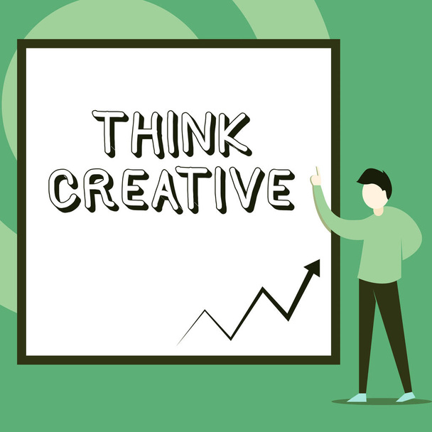 Conceptual hand writing showing Think Creative. Business photo text The ability to perceive patterns that are not obvious Man standing pointing up blank rectangle Geometric background. - Photo, Image