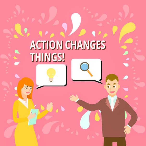 Writing note showing Action Changes Things. Business photo showcasing start doing something against problem resolve or achieve it Business Partners Colleague Jointly Seeking Problem Solution. - Photo, Image