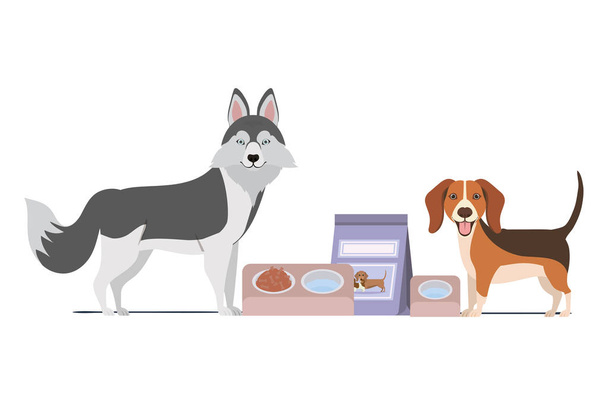 chiens avec bol et nourriture pour animaux sur fond blanc
 - Vecteur, image
