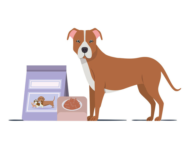 cão com tigela e pet food no fundo branco
 - Vetor, Imagem