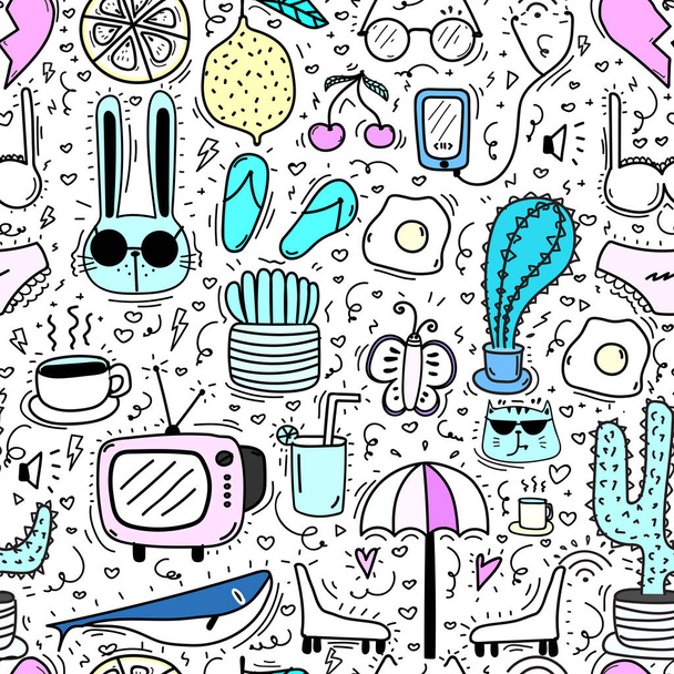Doodle Cartoon Seamless Pattern Background For Kid. Vector illustration for fabric and gift wrap paper design. - Вектор, зображення