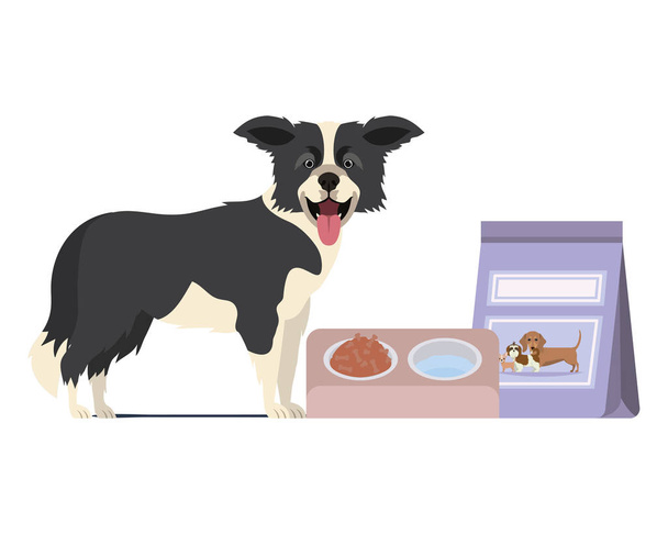 cane con ciotola e cibo per animali su sfondo bianco
 - Vettoriali, immagini