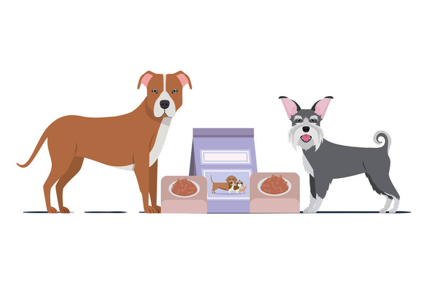 cães com tigela e pet food no fundo branco
 - Vetor, Imagem