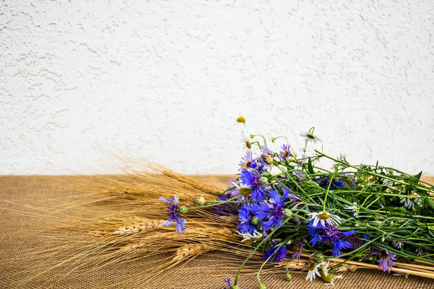 Floral flat lay design,cornflowers and rye on a canvas background, space for text - 写真・画像