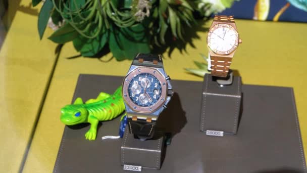 Πολυτελές ελβετικό ρολόι καρπού στον πάγκο του καταστήματος με ετικέτες τιμών - Πλάνα, βίντεο
