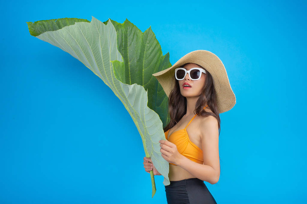 A beautiful woman in a swimsuit holding a green leaf poses on a blue background. - Photo, image