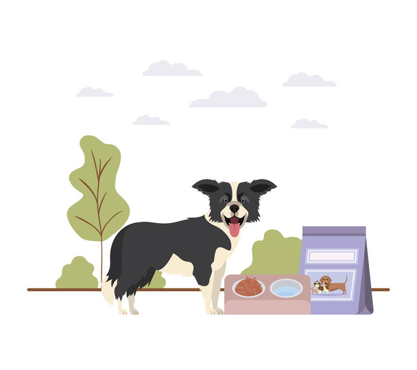 pies z miską i karmy dla zwierząt na krajobraz - Wektor, obraz