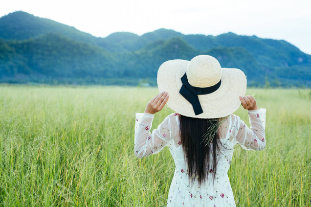 The back of a beautiful woman who is happy on the meadow with a big mountain as a backdrop. - 写真・画像