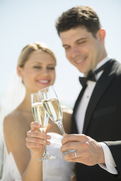Couple Toasting Champagne Flutes Outdoors - Fotó, kép