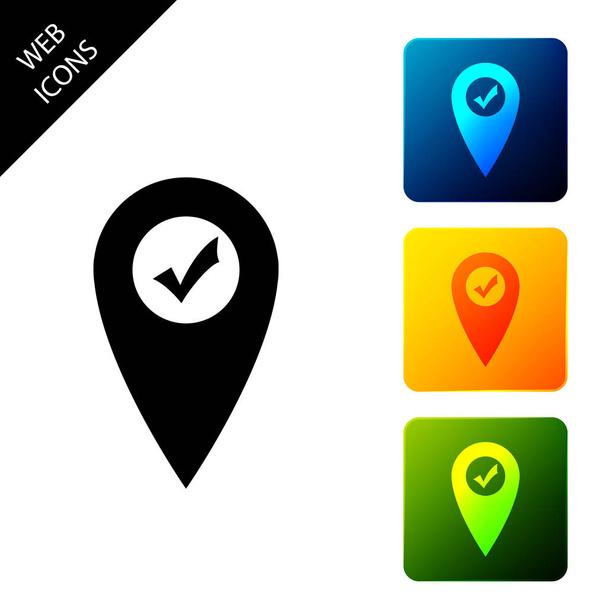 Map pointer with check mark icon isolated. Marker location sign. Tick symbol. For location maps. Sign for navigation. Set icons colorful square buttons. Vector Illustration - Vector, Image
