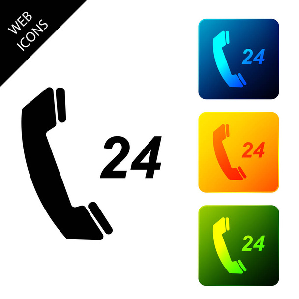 Τηλεφωνική υποστήριξη 24 ωρών, απομονωμένη. Κέντρο εξυπηρέτησης πελατών όλη την ημέρα. Ορίστε εικονίδια πολύχρωμα τετράγωνα κουμπιά. Απεικόνιση διανυσματικών φορέων - Διάνυσμα, εικόνα