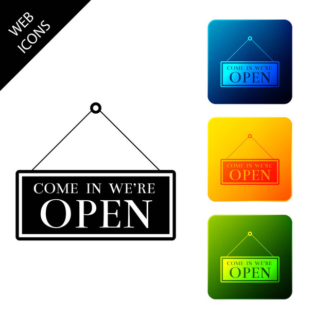Hanging sign with text Come in we re open icon isolated. Business theme for cafe or restaurant. Set icons colorful square buttons. Vector Illustration - Vector, Image