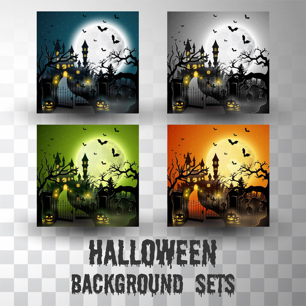 Halloweenské siluety pozadí s odlišnou barevnou scénou - Vektor, obrázek