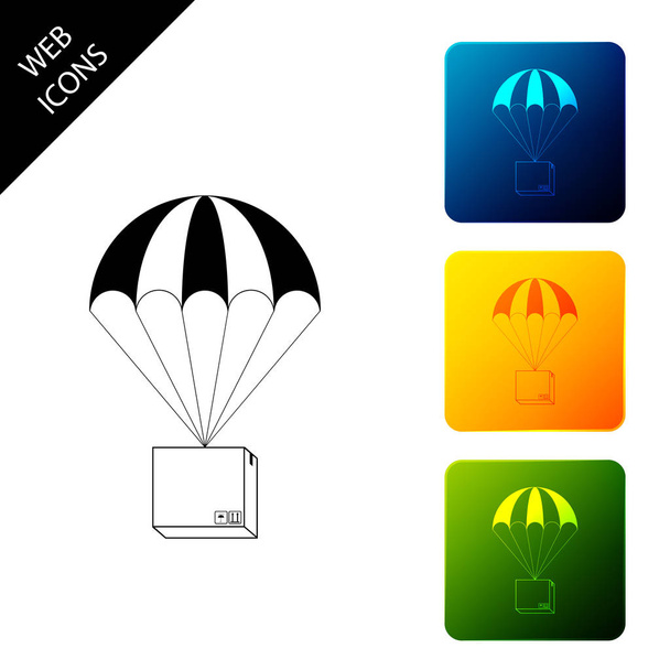 Box flying on parachute icon isolated. Parcel with parachute for shipping. Delivery service, air shipping concept, bonus concept. Set icons colorful square buttons. Vector Illustration - Vector, Image