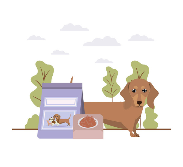dog with bowl and pet food on landscape - Vector, Image
