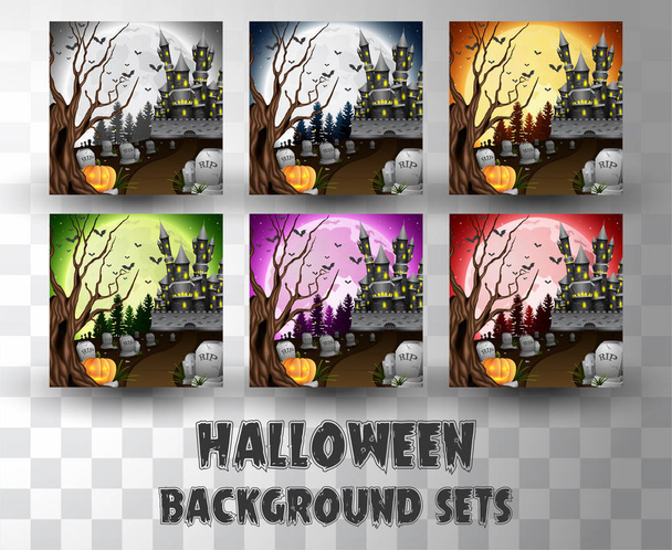 Halloween desenhos animados conjuntos de fundo silhueta com cena de cores diferentes
 - Vetor, Imagem