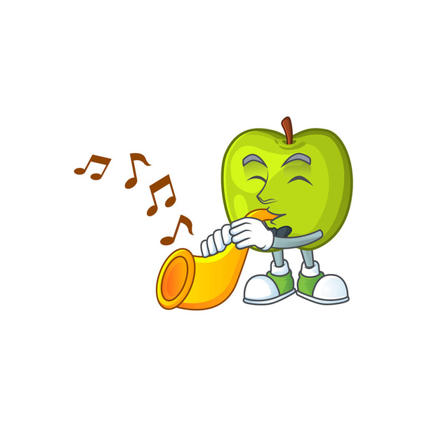 With trumpet granny smith green apple cartoon mascot - Вектор,изображение