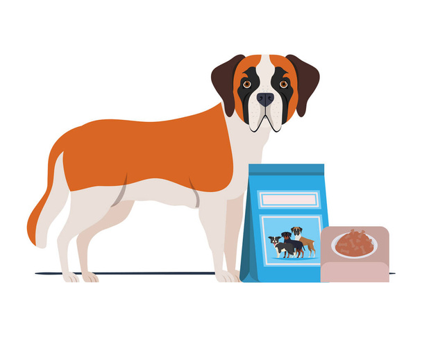 dog with bowl and pet food on white background - Vector, Image