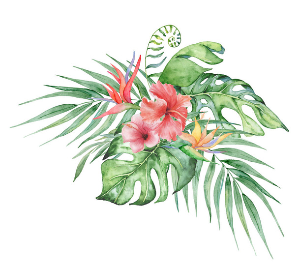 watercolor tropical plants bouquet. Exotic flowers and leaves, - 写真・画像