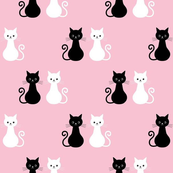 Векторный бесшовный рисунок из силуэта влюбленной кошачьей пары. Черно-белая пара кошек на розовом фоне
 - Вектор,изображение