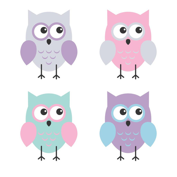 set of cute colorful owls isolated on white background - Vector, imagen