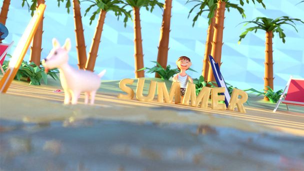 Carattere del ragazzo e del cane che giocano a fianco sul design della spiaggia sul mare in 3D
  - Foto, immagini